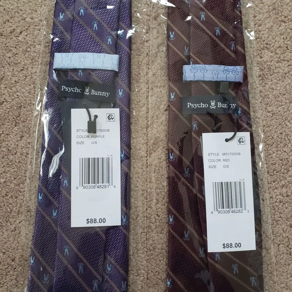 Lot Of 2 NWT Psycho Bunny Striped 3 1/4 Silk Ties Purple & Deep Red Traditional